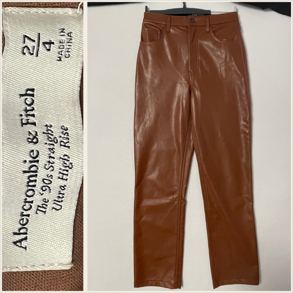 NWT Abercrombie Fitch 27/4 The 90s Straight Ultra High Rise Faux Leather Brown